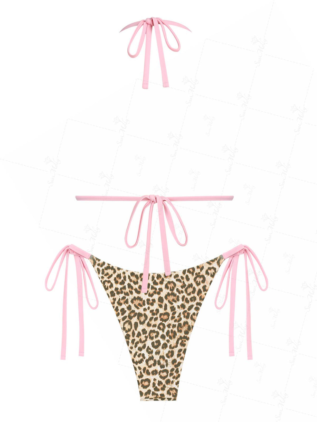 Seamolly Leopard Contrast Color Bowknot Halter Triangle Tie Side Bikini Set
