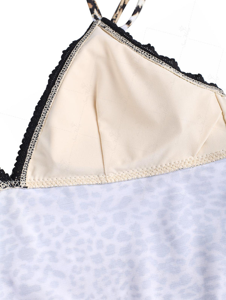 Seamolly Leopard Print Lace Trim Bowknot Tie Side Tankini Set