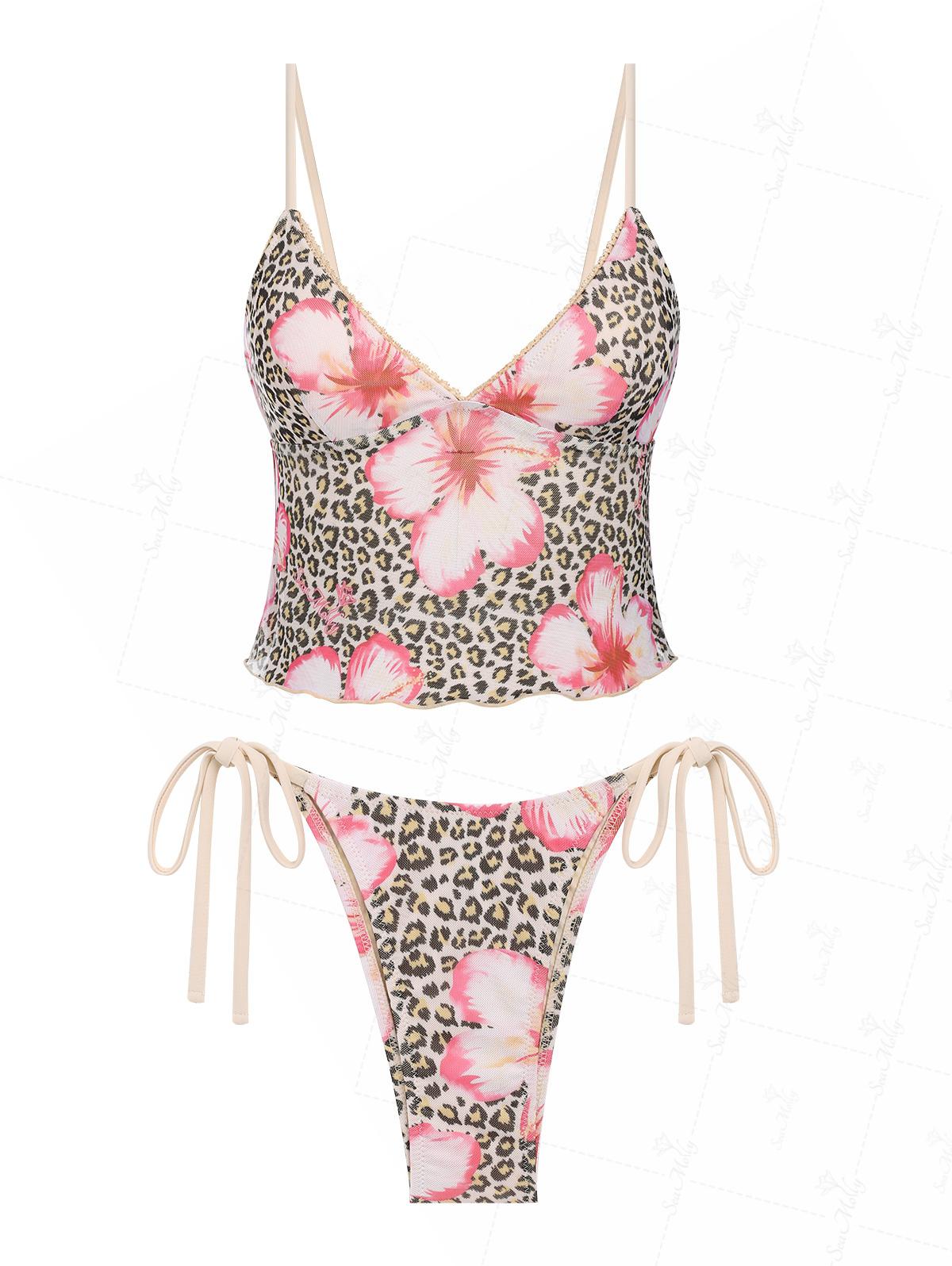 Seamolly 3 Piece Vintage Leopard Print Lace Bowknot Triangle Cheeky Boyshort Bikini Set