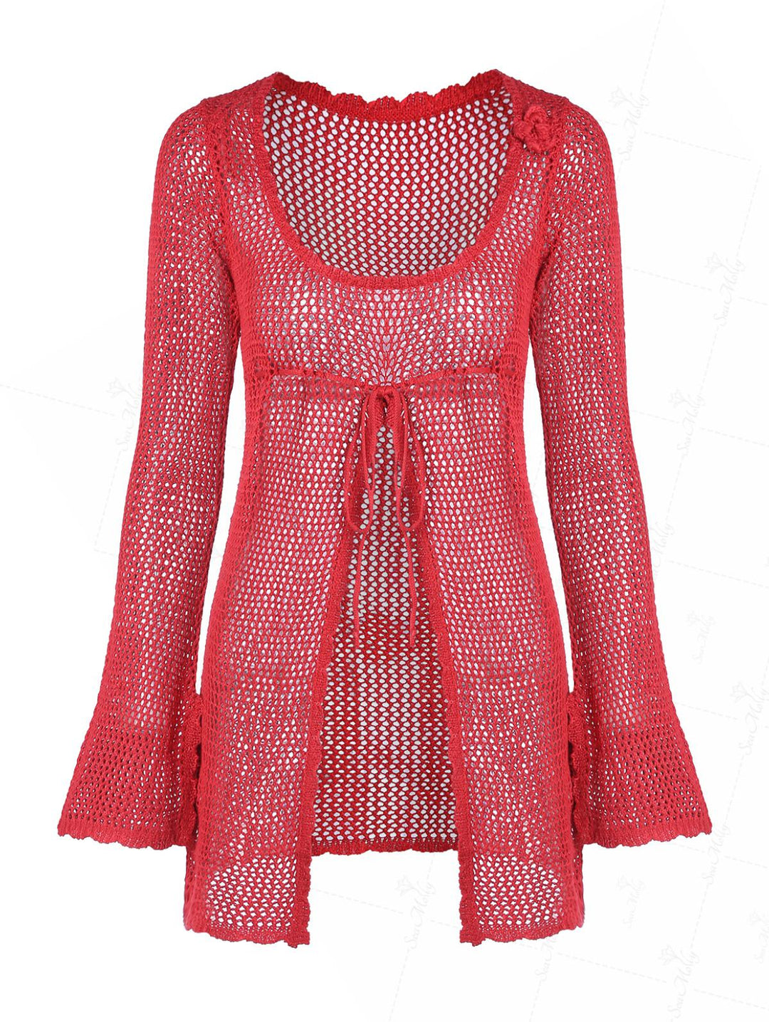 Vestido playero de crochet rojo calado con abertura frontal