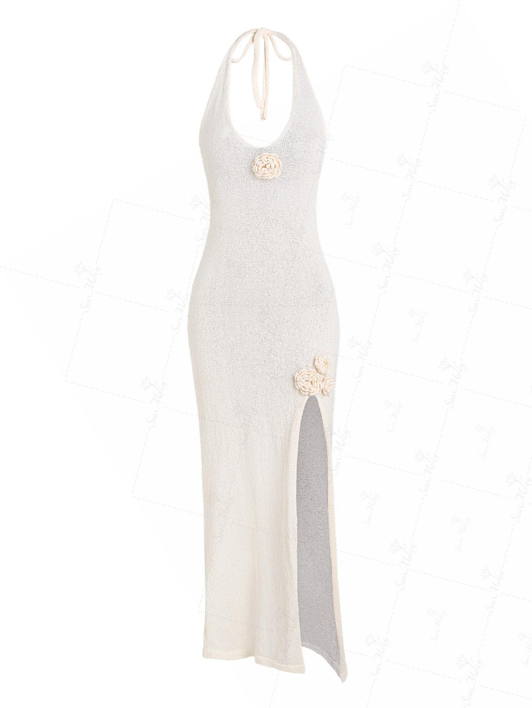3D Flower Backless Halter Tied Thigh Split Beach Cover Up Knit Maxi Dr Seamolly 3D Flower Backless Halter Tied Thigh Split Beach Cover Up Knit Maxi Dr Seamolly