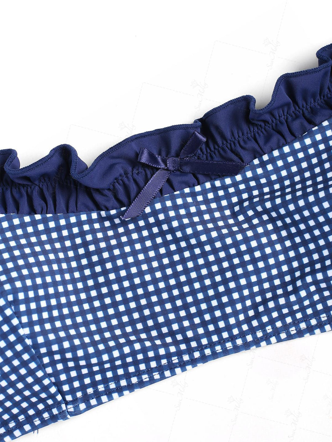 Seamolly Vintage Gingham Ruched Ruffles Trim Bowknot Decor Tie Side Bi