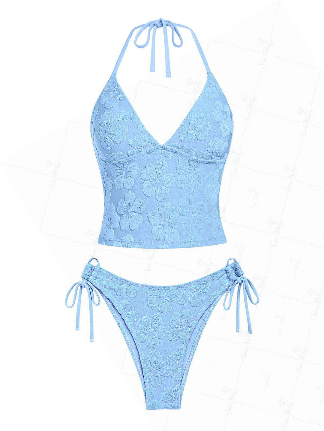 Seamolly Terry Toweling Jacquard Floral Halter Tie Side Tankini Set