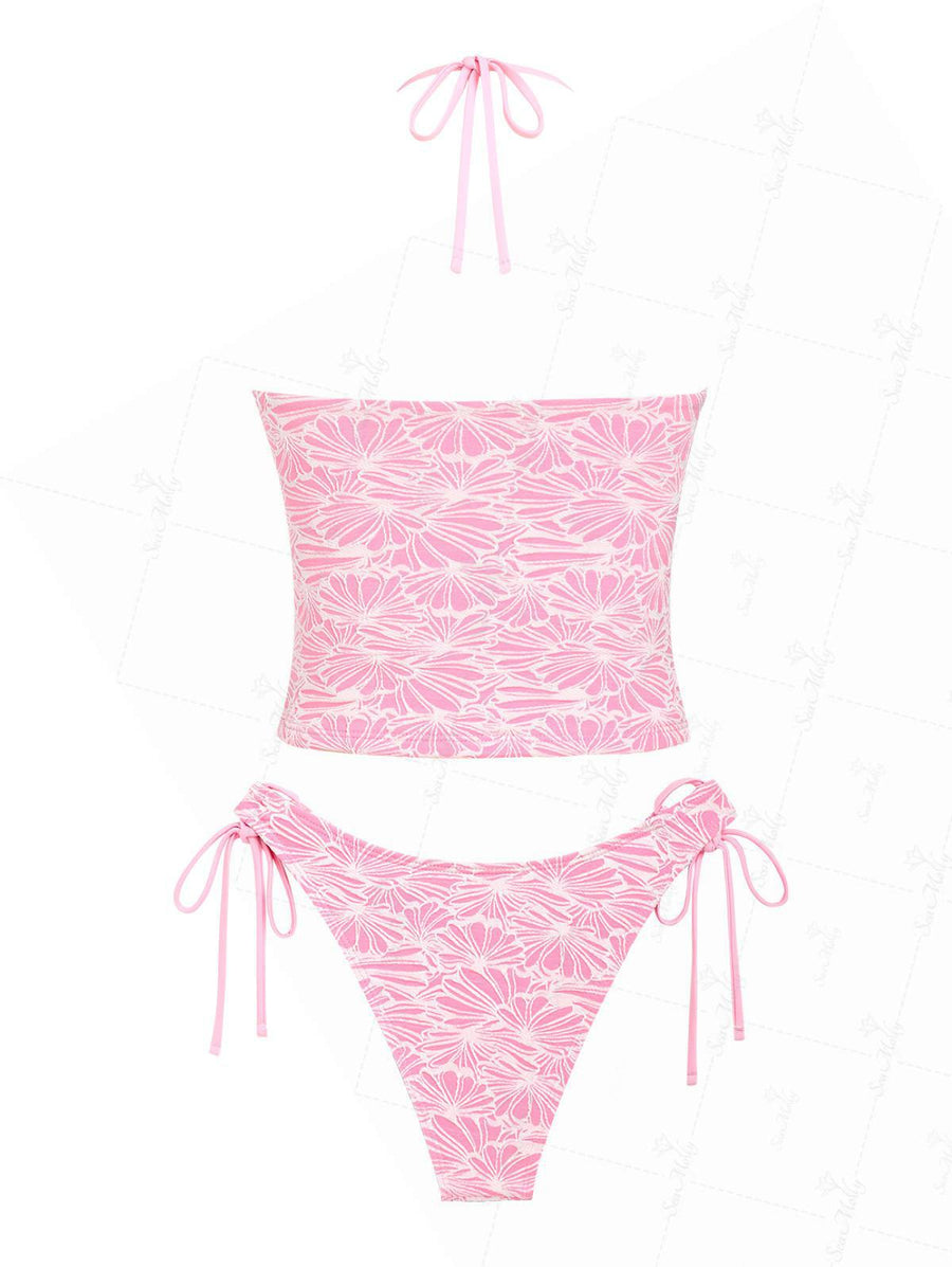 Summervivi-Wine Pink Flower Side Tie Blouson Tankini Set