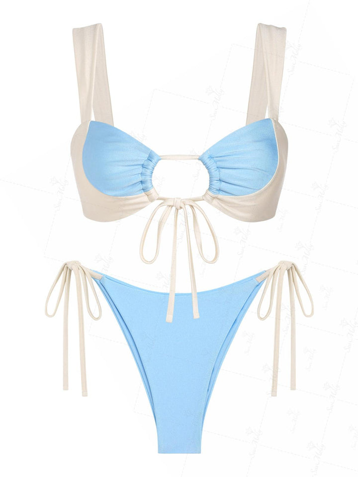 Seamolly Contrast Color Cinched Tied Front Tie Side Bikini Set
