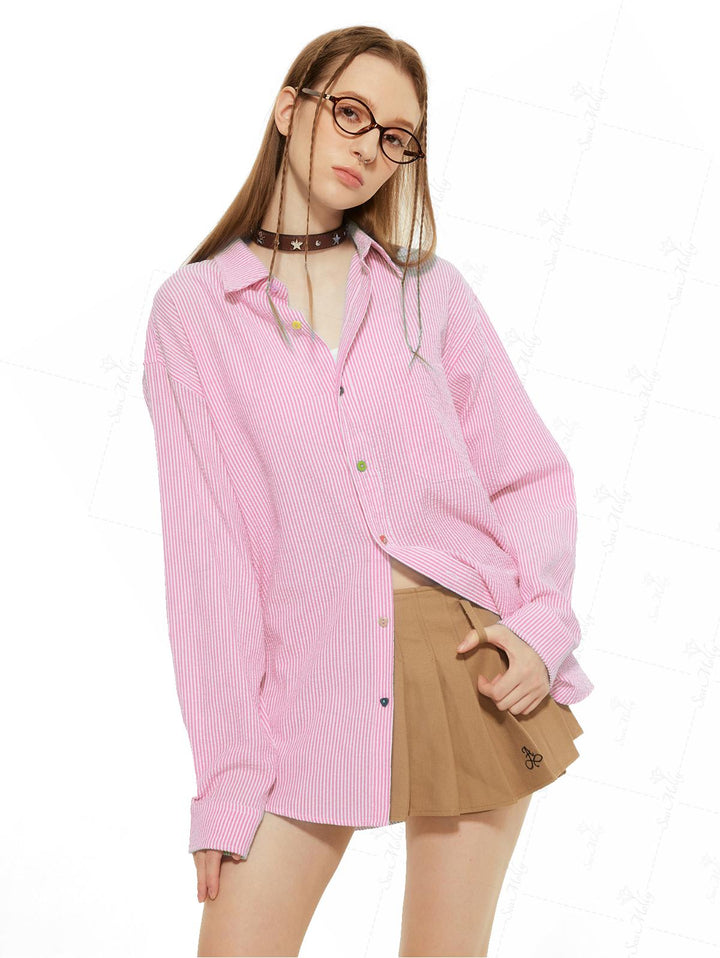 Striped Curved Hem Pocket Design Colorful Button Up Long Sleeve Shirt