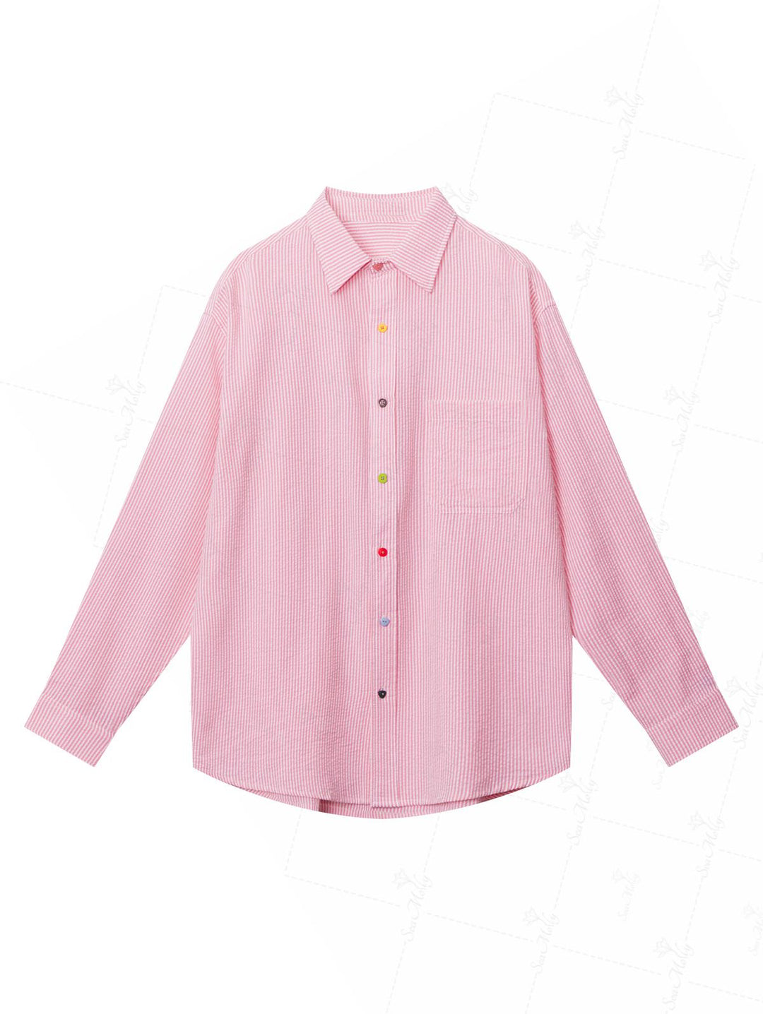 Striped Curved Hem Pocket Design Colorful Button Up Long Sleeve Shirt