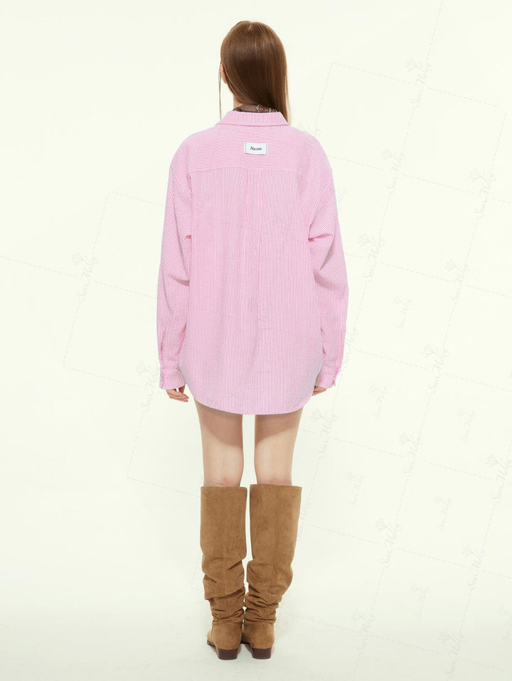 Striped Curved Hem Pocket Design Colorful Button Up Long Sleeve Shirt