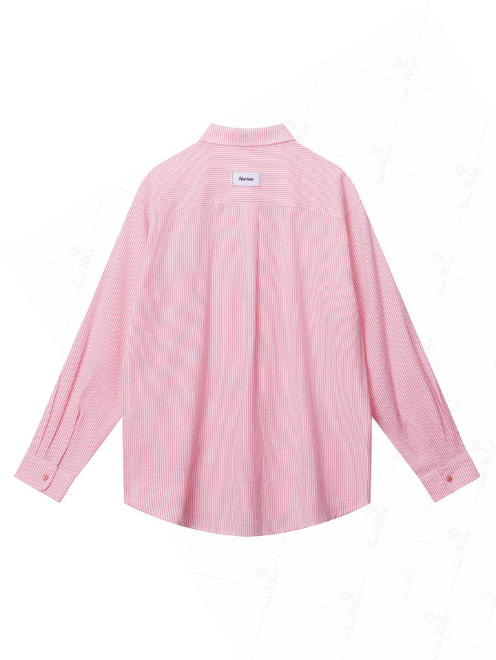 Striped Curved Hem Pocket Design Colorful Button Up Long Sleeve Shirt