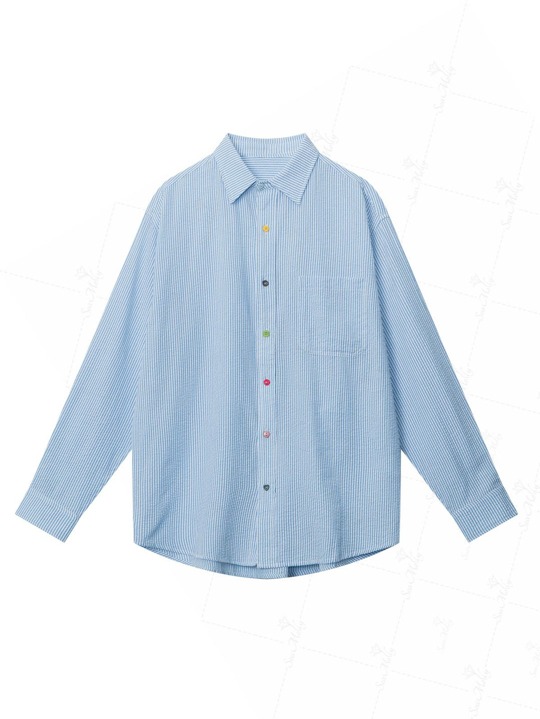Striped Curved Hem Pocket Design Colorful Button Up Long Sleeve Shirt
