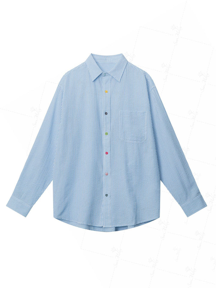 Striped Curved Hem Pocket Design Colorful Button Up Long Sleeve Shirt