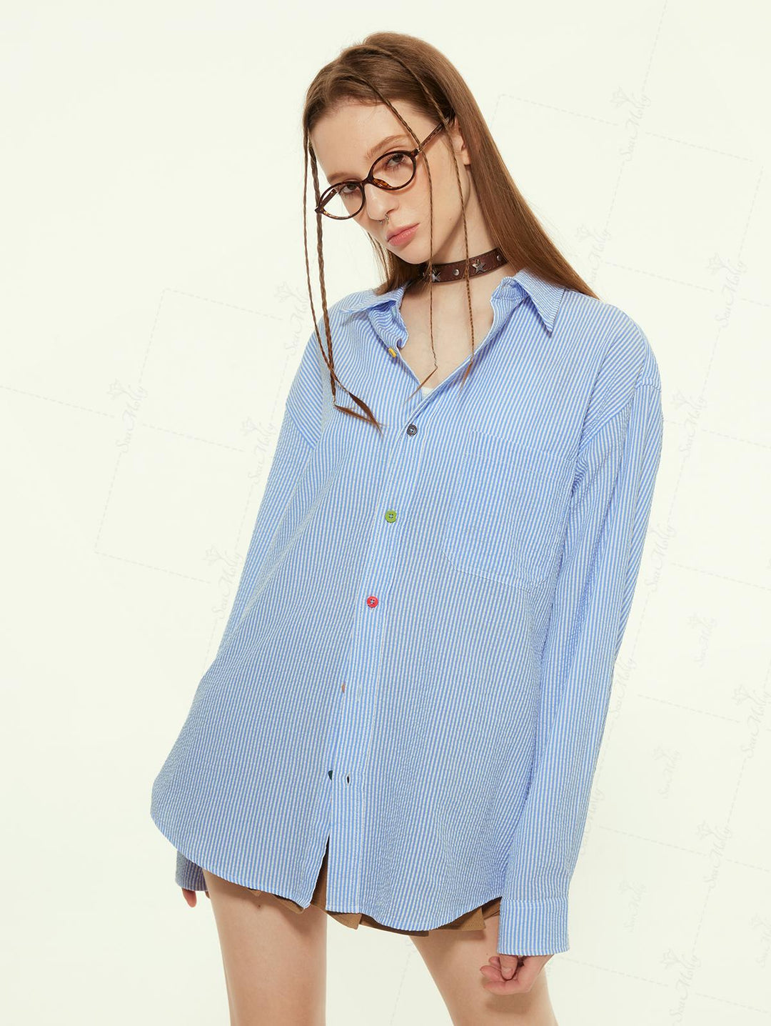 Striped Curved Hem Pocket Design Colorful Button Up Long Sleeve Shirt