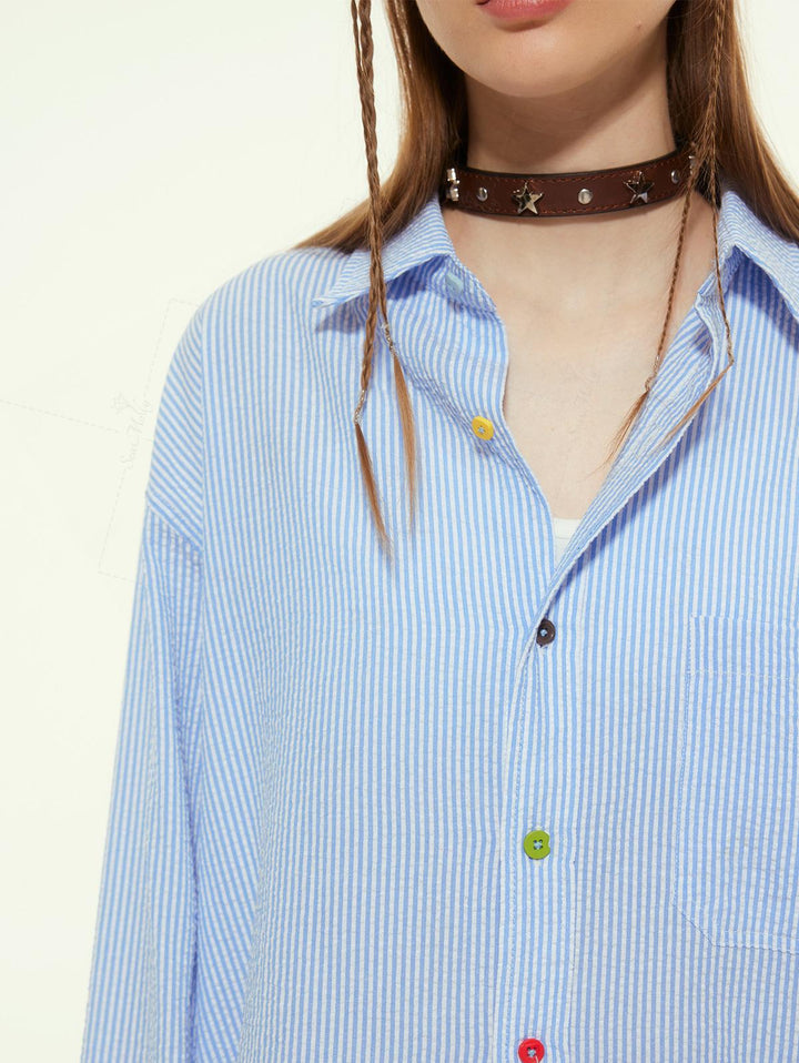 Striped Curved Hem Pocket Design Colorful Button Up Long Sleeve Shirt
