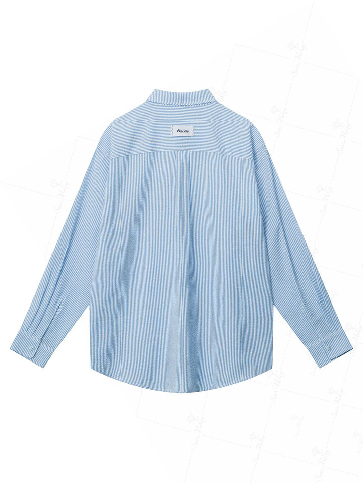 Striped Curved Hem Pocket Design Colorful Button Up Long Sleeve Shirt