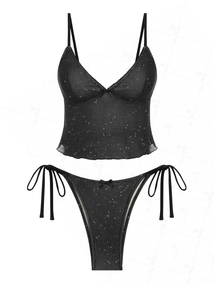 Seamolly Glitter Sparkly Lace Trim Bowknot Decor Tie Side Tankini Set