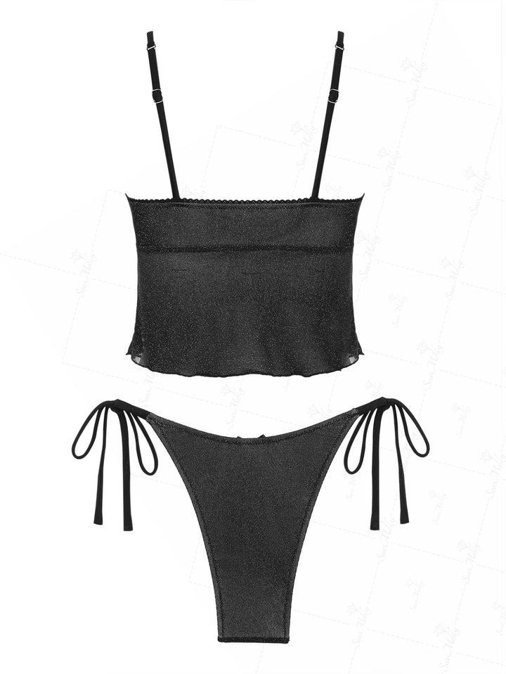 Seamolly Glitter Sparkly Lace Trim Bowknot Decor Tie Side Tankini Set