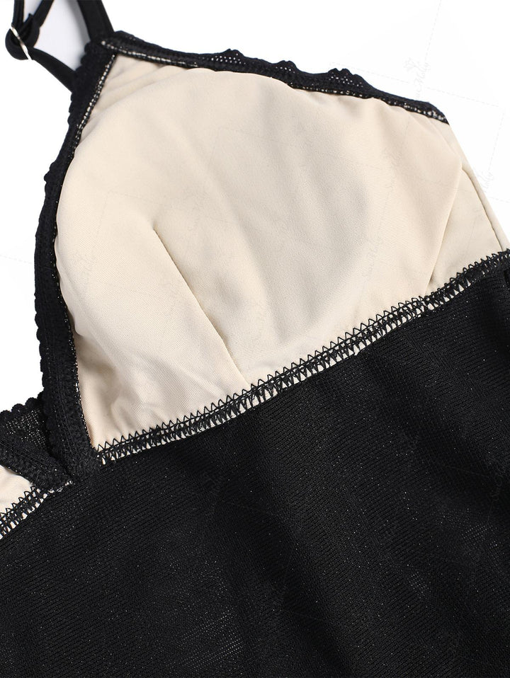 Seamolly Glitter Sparkly Lace Trim Bowknot Decor Tie Side Tankini Set