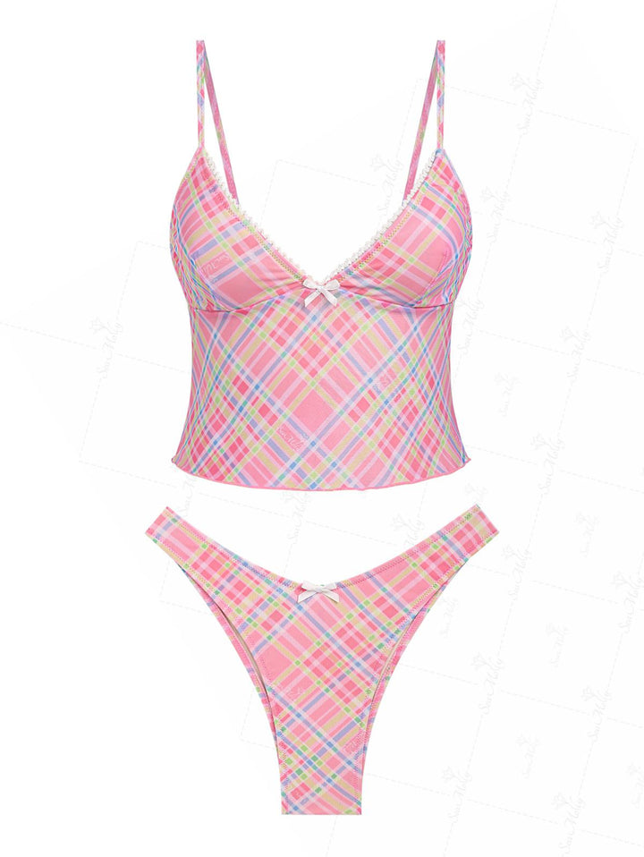 Seamolly Gingham Lace Trim Bowknot Decor Cheeky Tankini Set