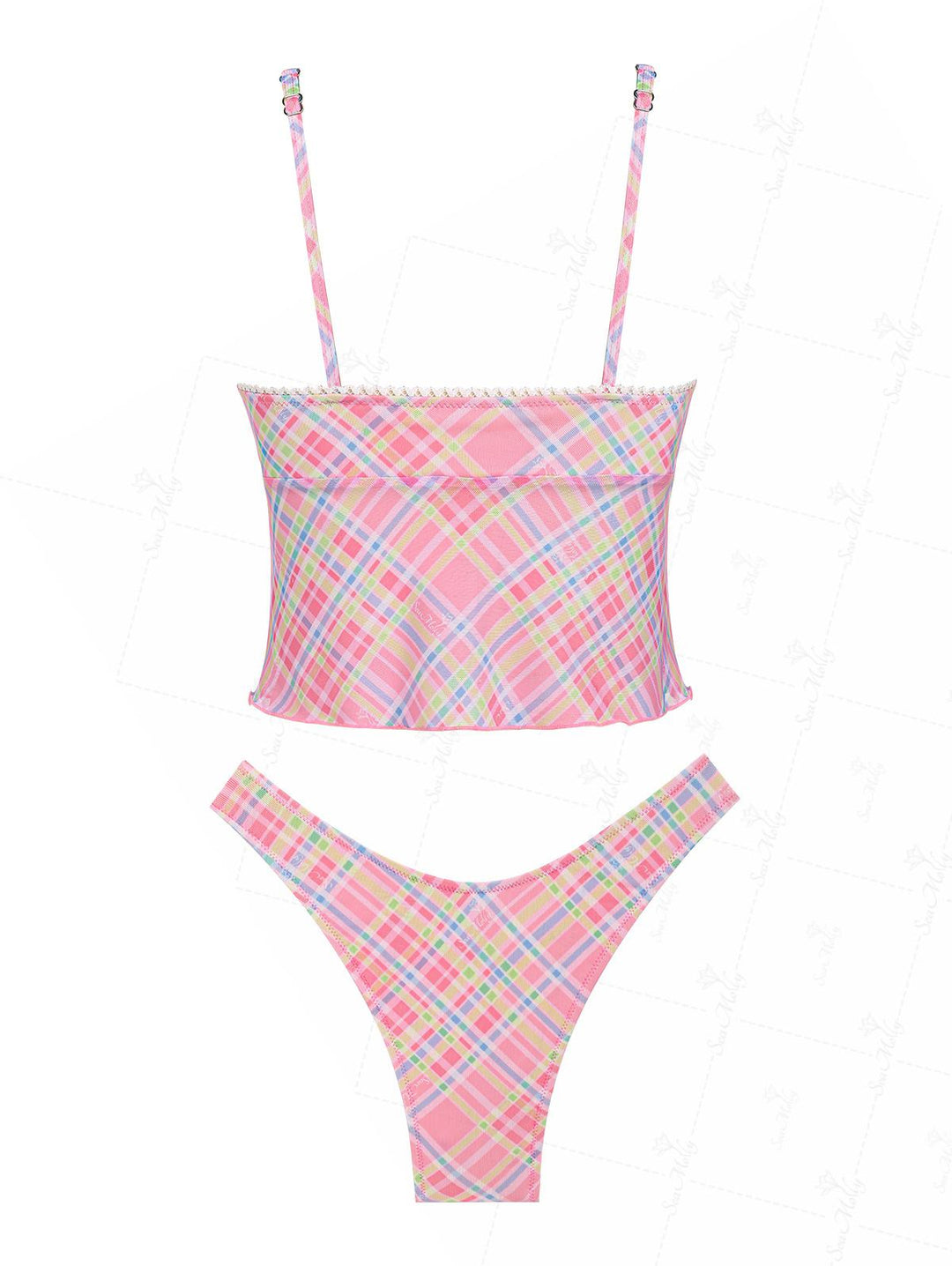 Seamolly Gingham Lace Trim Bowknot Decor Cheeky Tankini Set