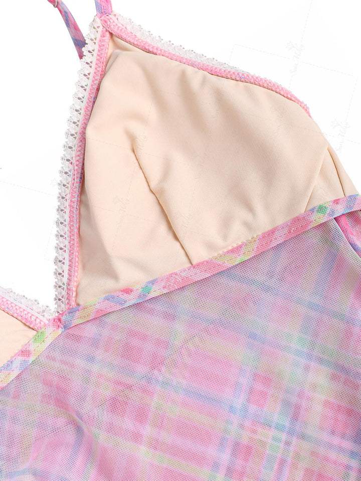 Seamolly Gingham Lace Trim Bowknot Decor Cheeky Tankini Set