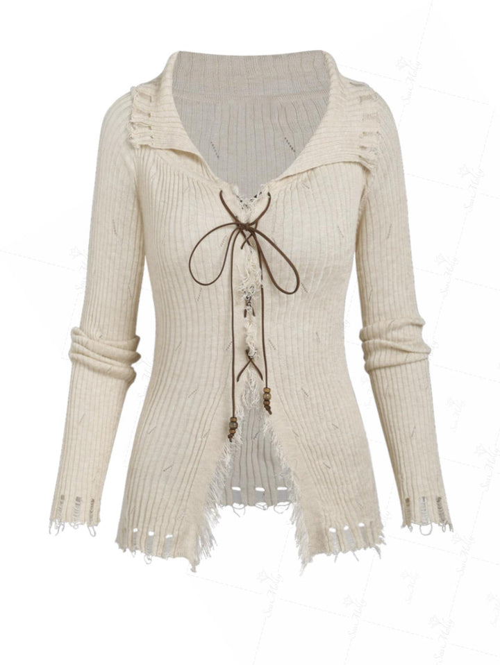 Ripped Distressed Raw Edge Design Beading Tie Front Slim Fit Long Sleeve Knit Cardigan