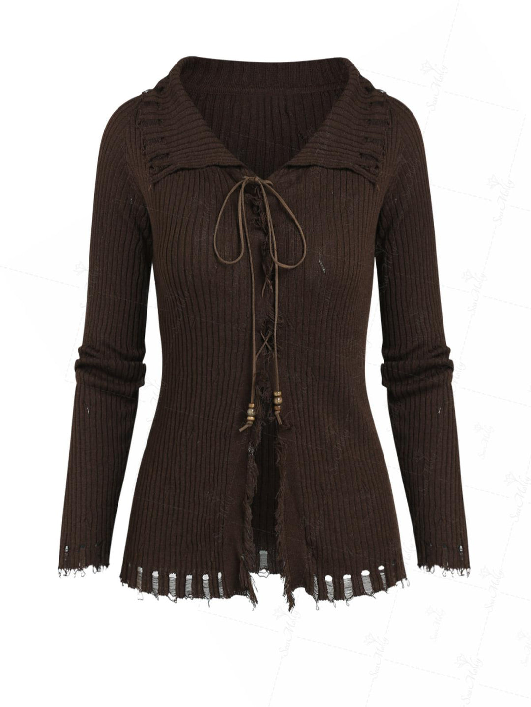 Ripped Distressed Raw Edge Design Beading Tie Front Slim Fit Long Sleeve Knit Cardigan
