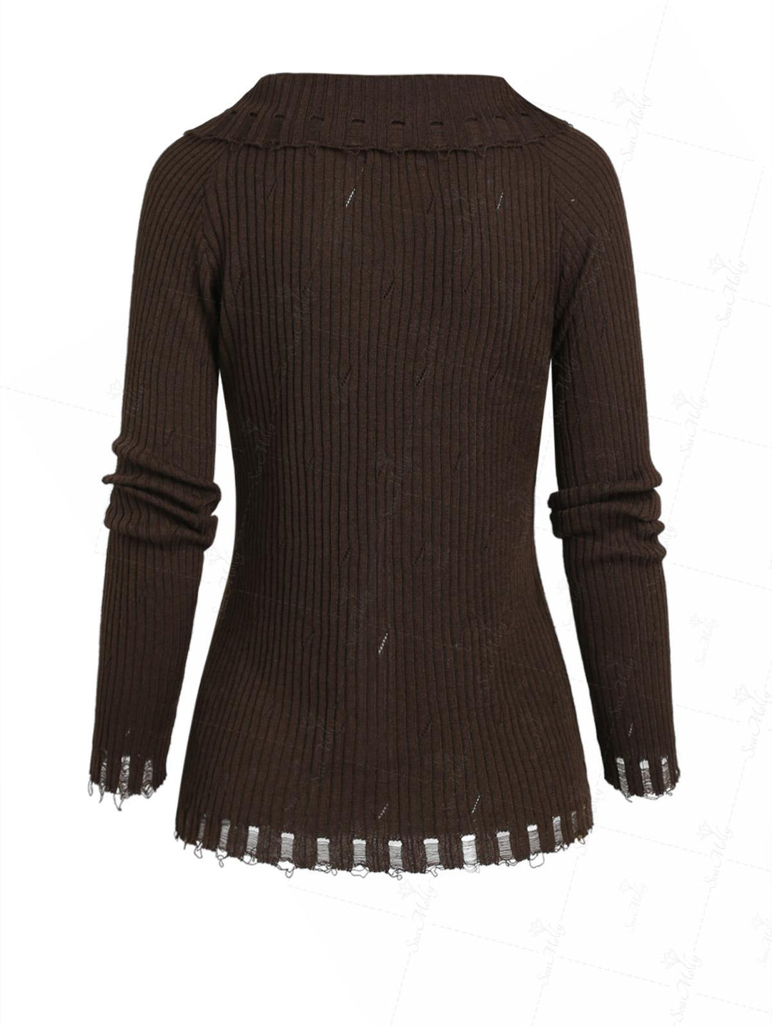 Ripped Distressed Raw Edge Design Beading Tie Front Slim Fit Long Sleeve Knit Cardigan