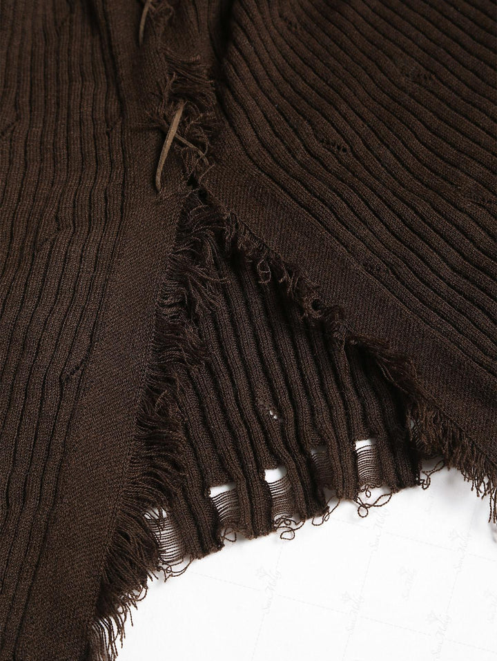 Ripped Distressed Raw Edge Design Beading Tie Front Slim Fit Long Sleeve Knit Cardigan