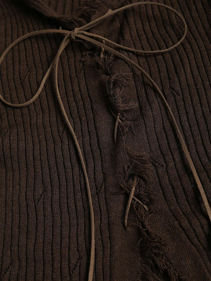 Ripped Distressed Raw Edge Design Beading Tie Front Slim Fit Long Sleeve Knit Cardigan