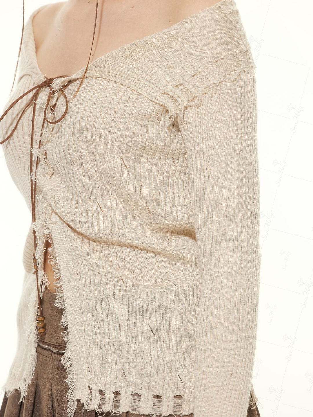 Ripped Distressed Raw Edge Design Beading Tie Front Slim Fit Long Sleeve Knit Cardigan
