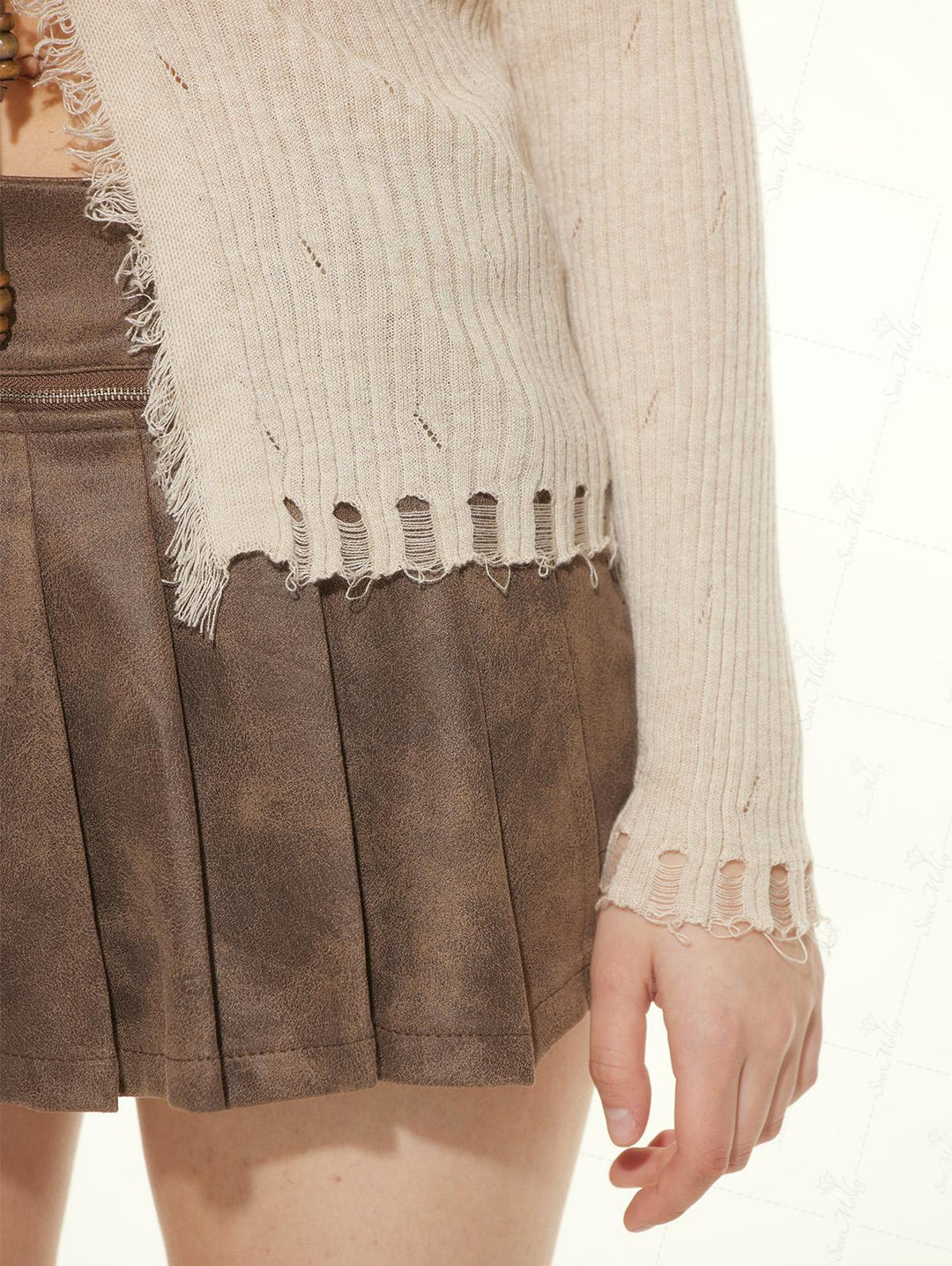 Ripped Distressed Raw Edge Design Beading Tie Front Slim Fit Long Sleeve Knit Cardigan