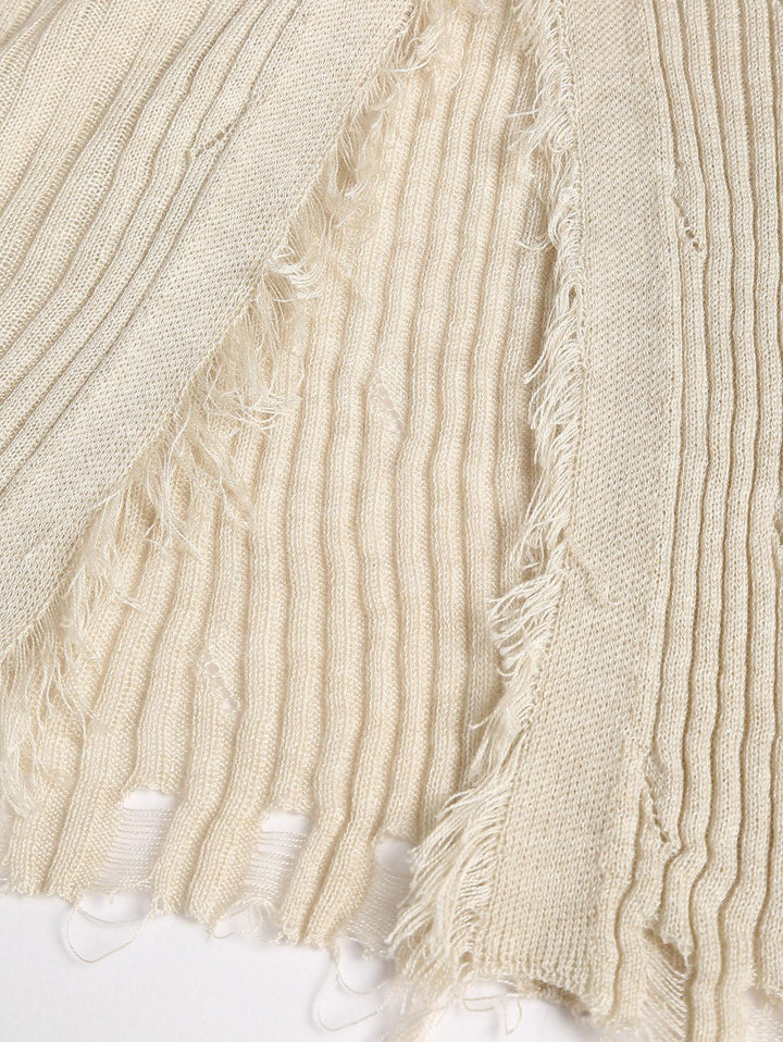 Ripped Distressed Raw Edge Design Beading Tie Front Slim Fit Long Sleeve Knit Cardigan