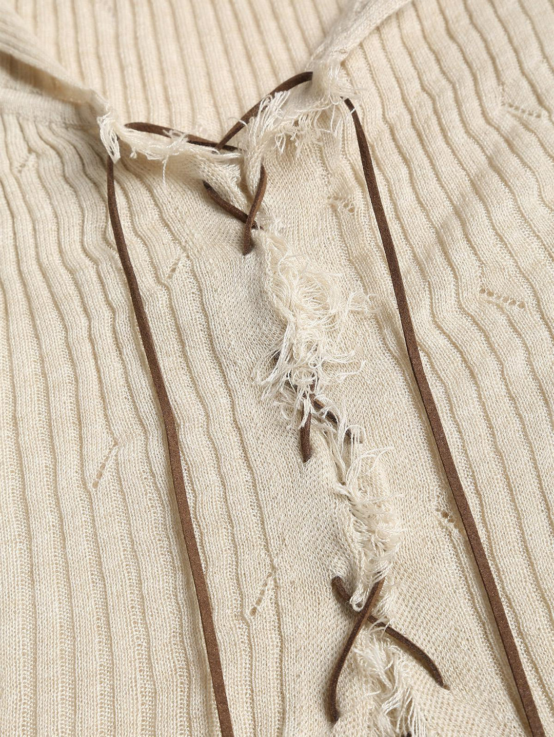 Ripped Distressed Raw Edge Design Beading Tie Front Slim Fit Long Sleeve Knit Cardigan