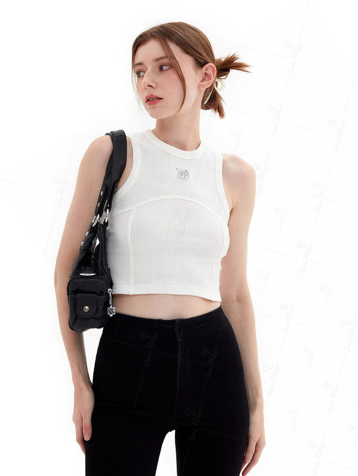 Seam Detail Embroidery Design Racerback Crew Neck Slim Fit Crop Tank Top