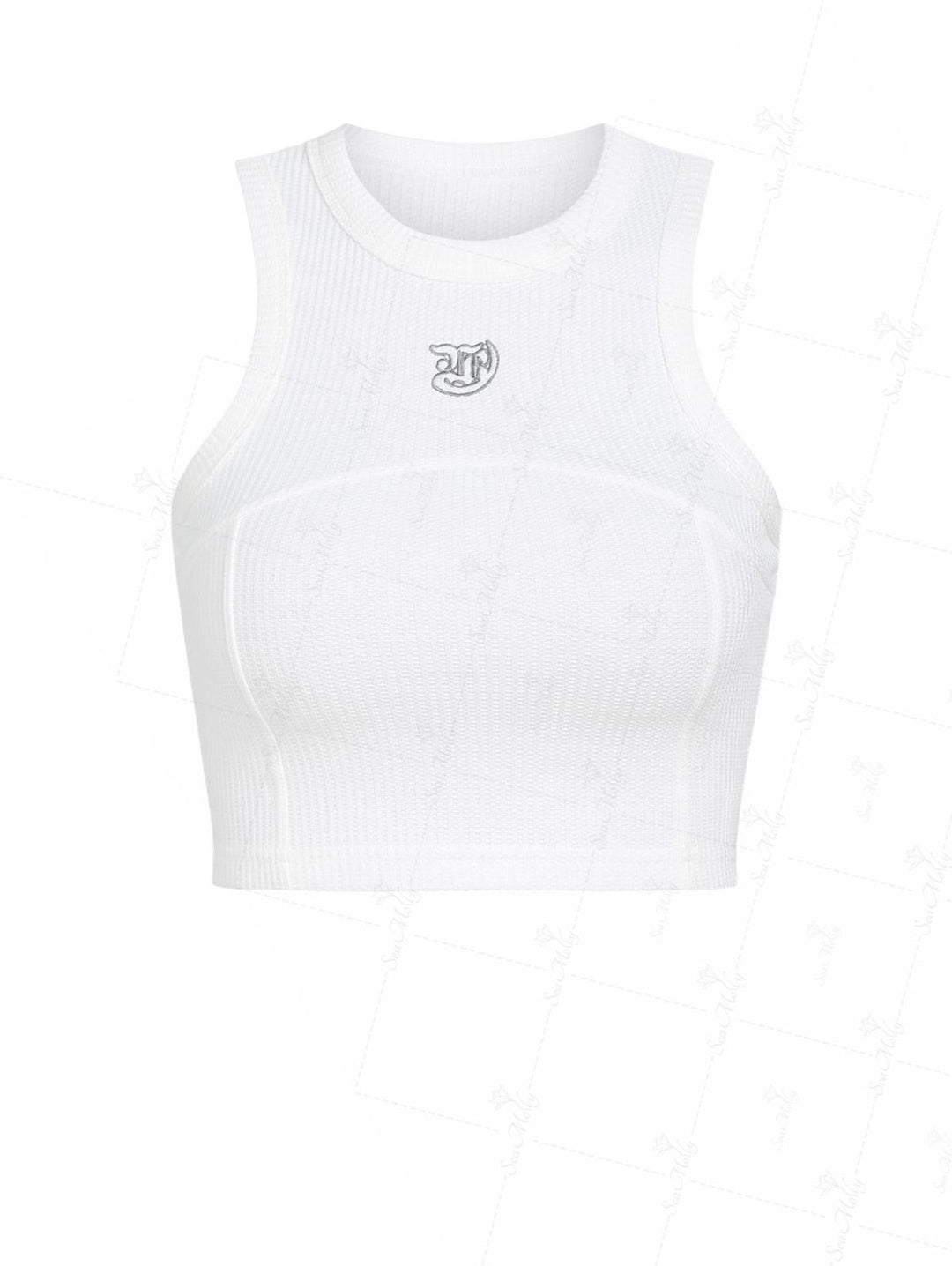 Seam Detail Embroidery Design Racerback Crew Neck Slim Fit Crop Tank Top