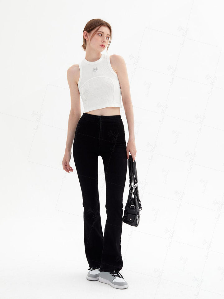 Seam Detail Embroidery Design Racerback Crew Neck Slim Fit Crop Tank Top