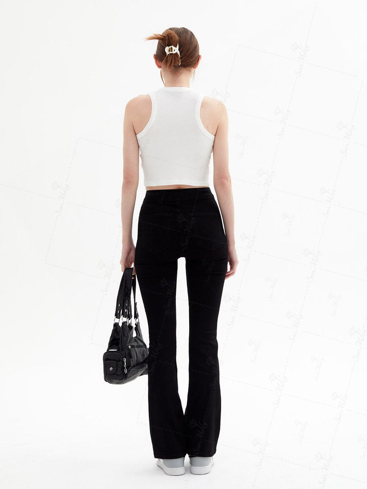 Seam Detail Embroidery Design Racerback Crew Neck Slim Fit Crop Tank Top