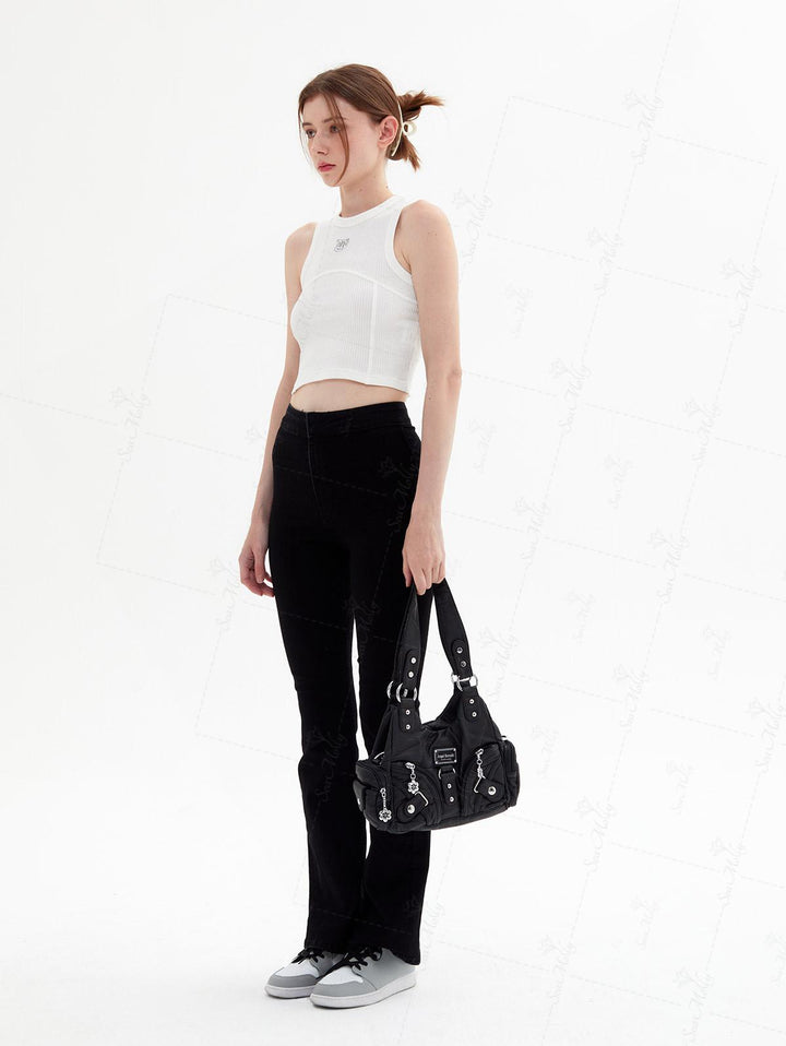 Seam Detail Embroidery Design Racerback Crew Neck Slim Fit Crop Tank Top