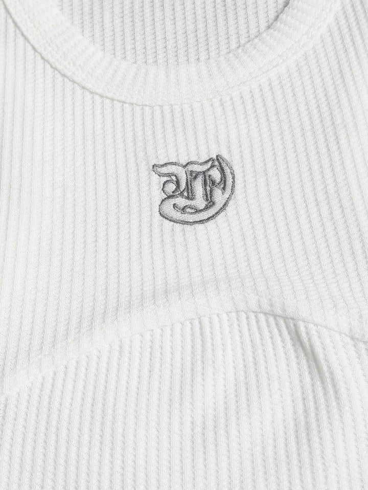 Seam Detail Embroidery Design Racerback Crew Neck Slim Fit Crop Tank Top