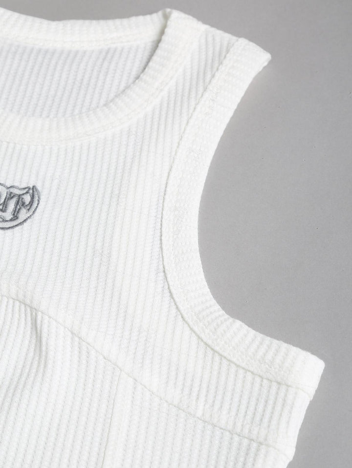 Seam Detail Embroidery Design Racerback Crew Neck Slim Fit Crop Tank Top