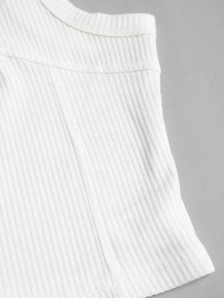 Seam Detail Embroidery Design Racerback Crew Neck Slim Fit Crop Tank Top