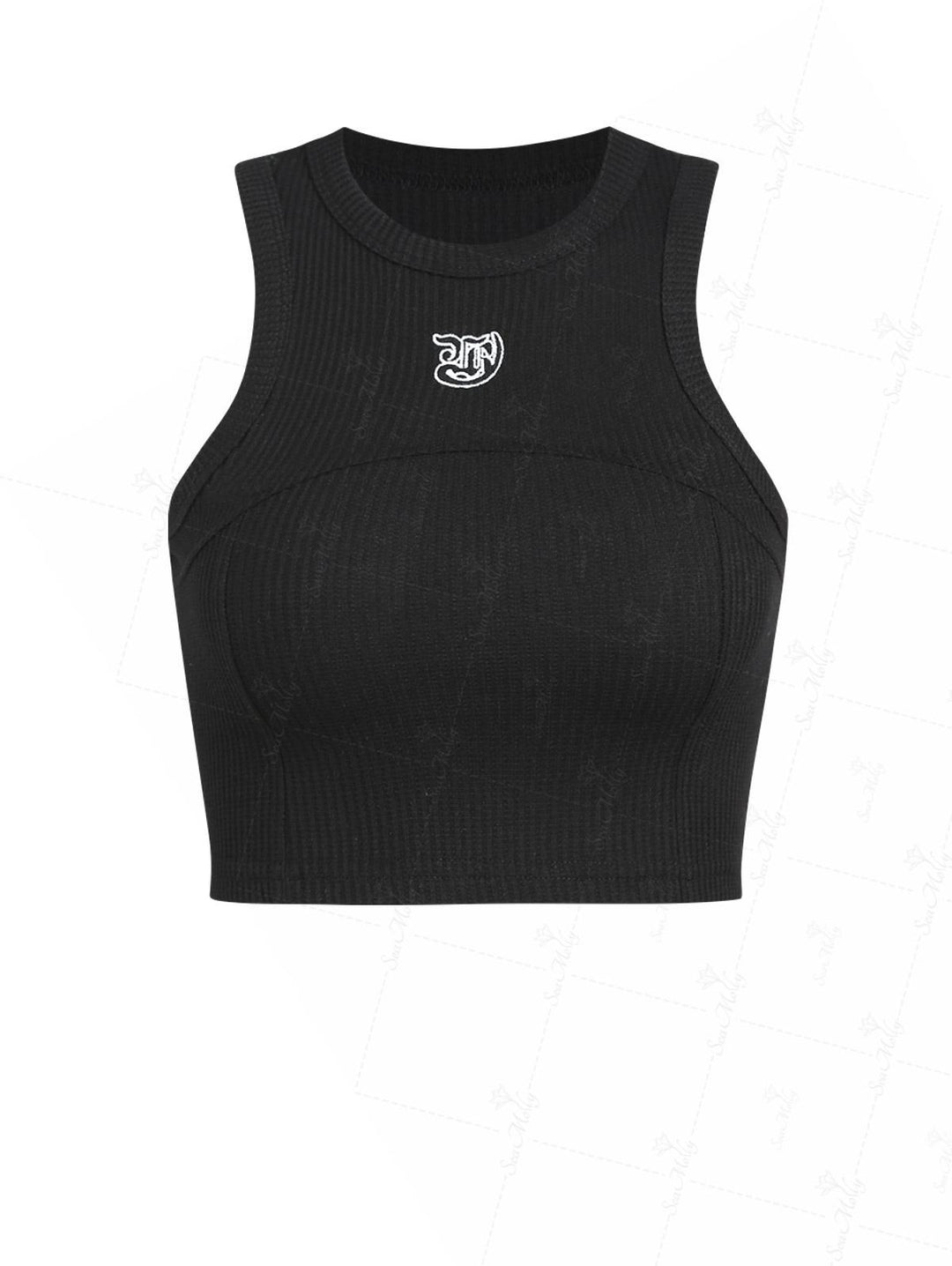 Seam Detail Embroidery Design Racerback Crew Neck Slim Fit Crop Tank Top