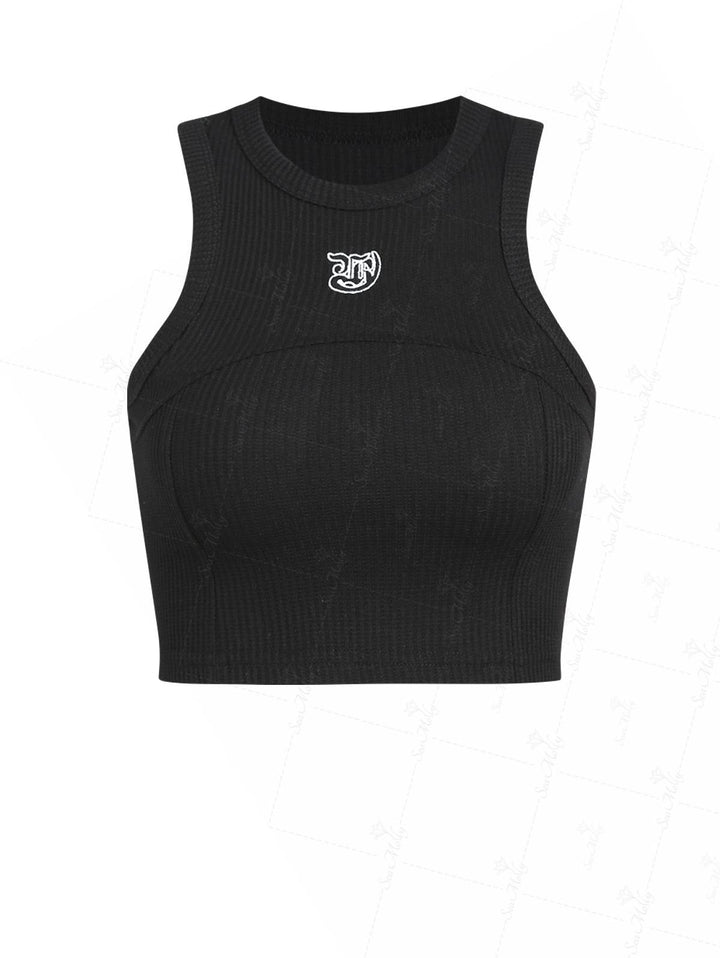 Seam Detail Embroidery Design Racerback Crew Neck Slim Fit Crop Tank Top