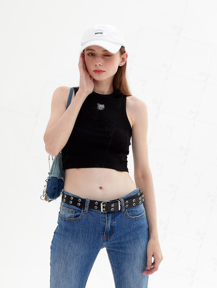 Seam Detail Embroidery Design Racerback Crew Neck Slim Fit Crop Tank Top