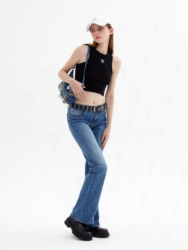 Seam Detail Embroidery Design Racerback Crew Neck Slim Fit Crop Tank Top