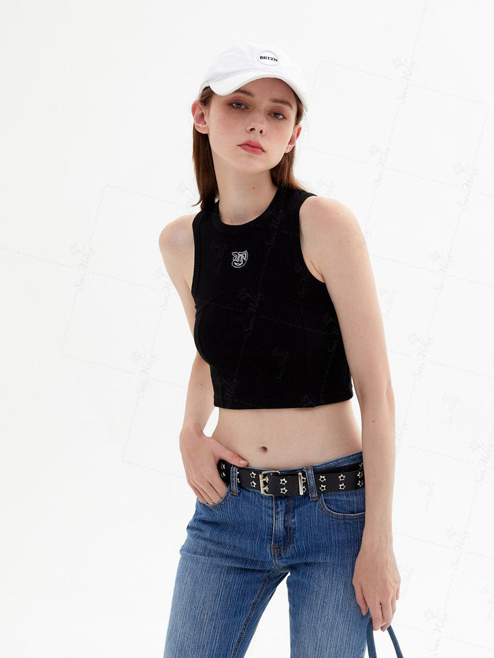 Seam Detail Embroidery Design Racerback Crew Neck Slim Fit Crop Tank Top