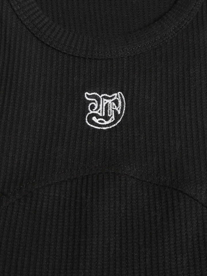 Seam Detail Embroidery Design Racerback Crew Neck Slim Fit Crop Tank Top
