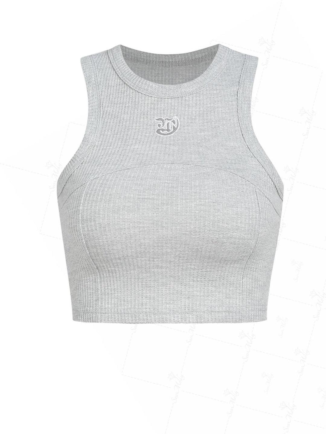 Seam Detail Embroidery Design Racerback Crew Neck Slim Fit Crop Tank Top