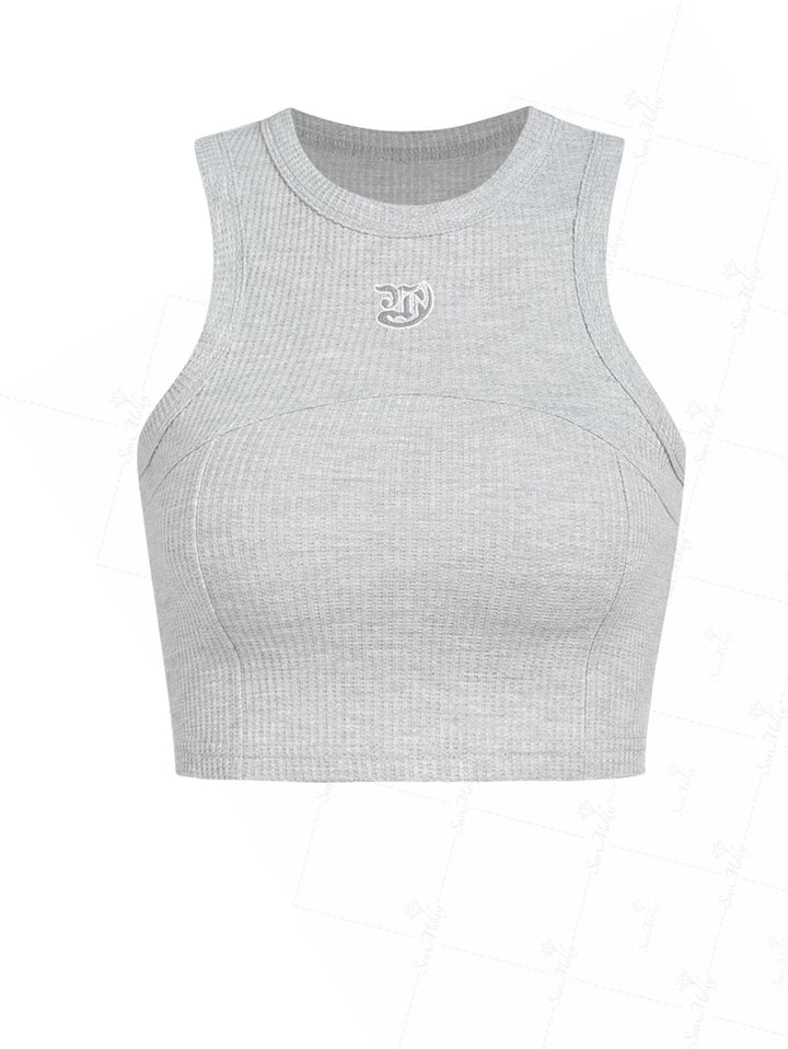 Seam Detail Embroidery Design Racerback Crew Neck Slim Fit Crop Tank Top