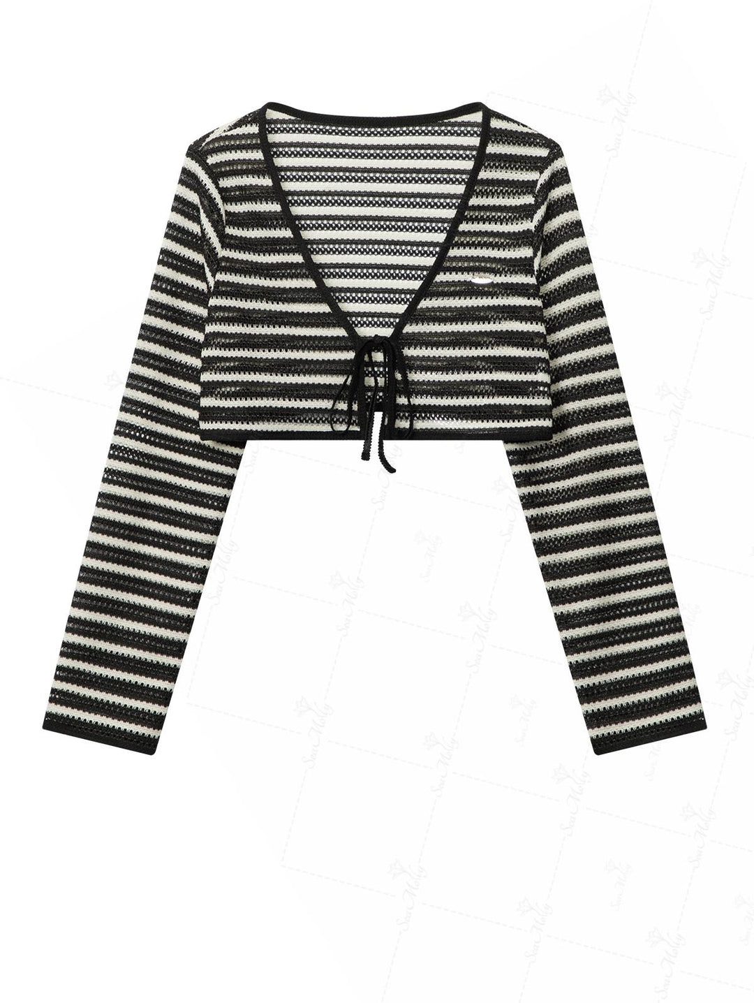 Striped Openwork Long Sleeves Tie Front Crop Knit Cardigan